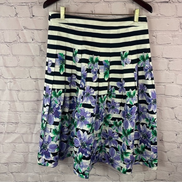 Talbots Black White stripe pleated floral A-Line Knee-Length Skirt sz 10 - Picture 1 of 7